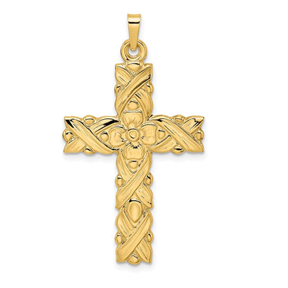 14K Gelbgold Polierter und Strukturierter Floral-Massivkreuz-Anhänger
