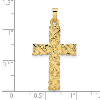 14K Gelbgold Polierter und Strukturierter Massiver Blumen-Kreuz-Anhänger