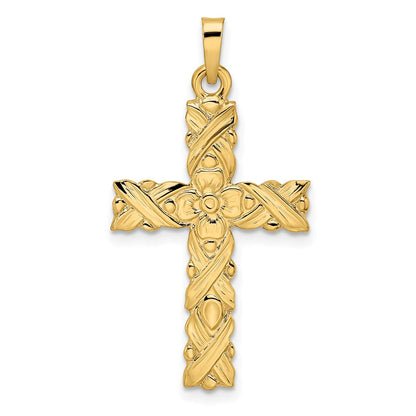 14K Gelbgold Polierter und Strukturierter Massiver Blumen-Kreuz-Anhänger
