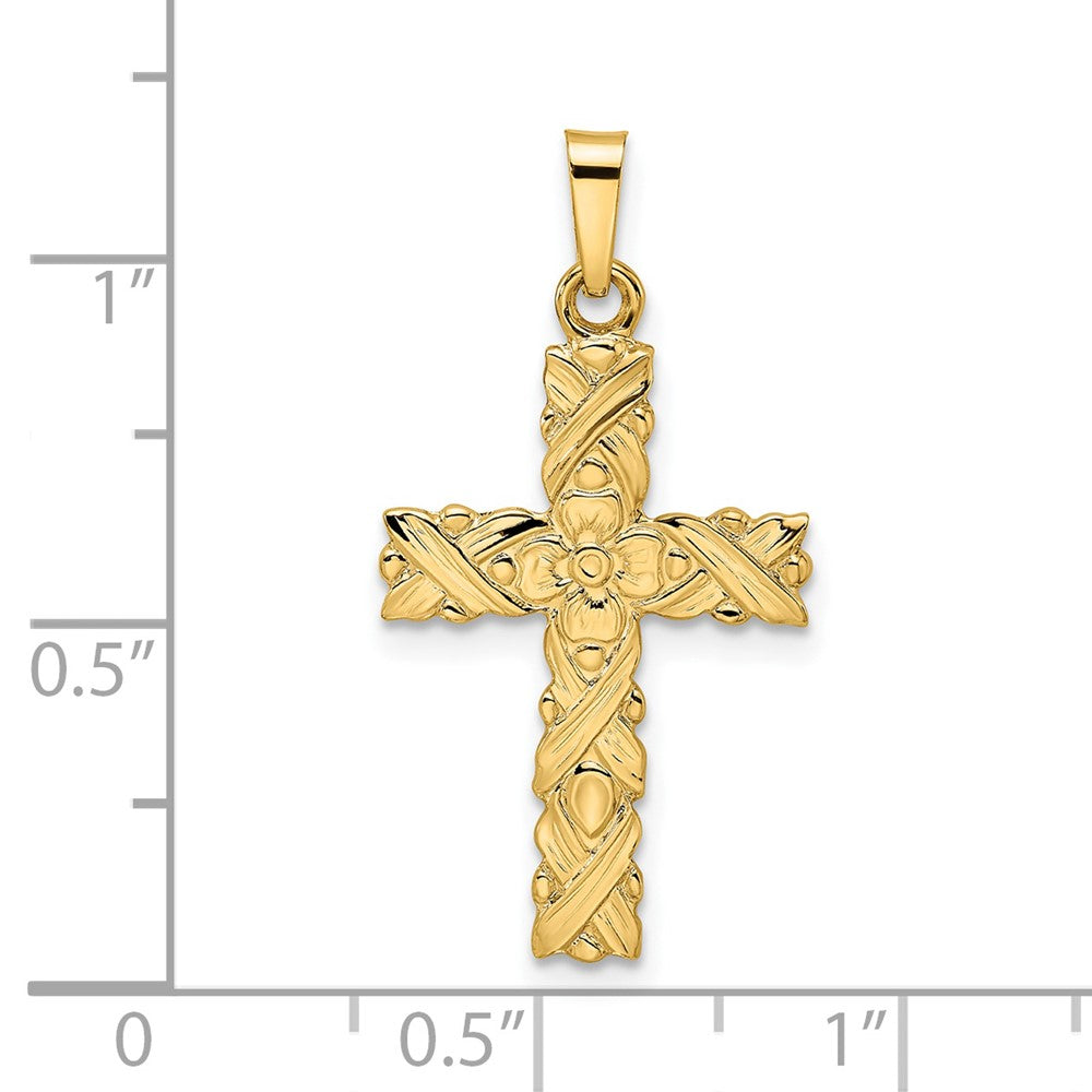 14K Gelbgold Anhänger, Kreuz, floral, poliert und strukturiert, massiv