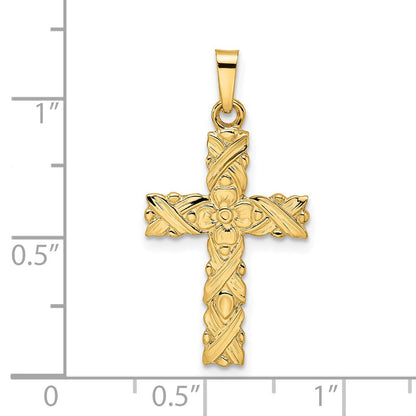 14K Gelbgold Anhänger, Kreuz, floral, poliert und strukturiert, massiv