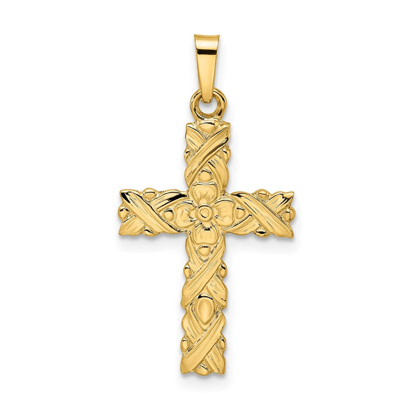 14K Gelbgold Anhänger, Kreuz, floral, poliert und strukturiert, massiv