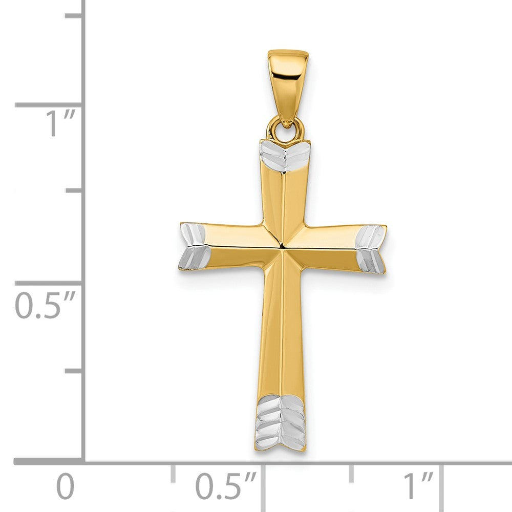 14 Karat Gelbgold und Weißgold mit Rhodium-Beschichtung, poliert, diamantbeschliffener Kreuz-Anhänger