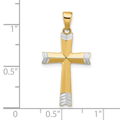 14 Karat Gelbgold und Weißgold mit Rhodium-Beschichtung, poliert, diamantbeschliffener Kreuz-Anhänger