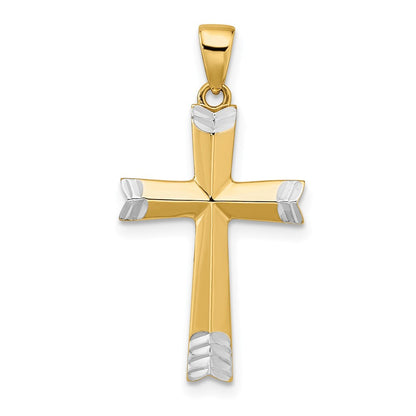 14 Karat Gelbgold und Weißgold mit Rhodium-Beschichtung, poliert, diamantbeschliffener Kreuz-Anhänger