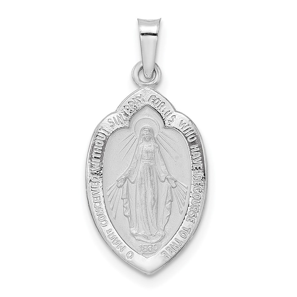 14K Weißgold Polierter und Satinierter Massiver Wundertätige-Medaille-Anhänger