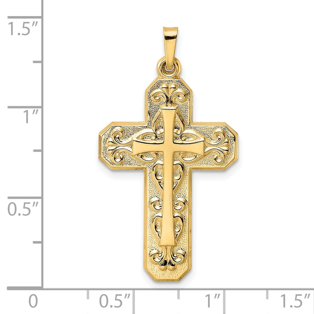 14K Gelbgold 14K Poliert und Strukturiert Hohl Ranke Design Doppelt Kreuz Anhänger