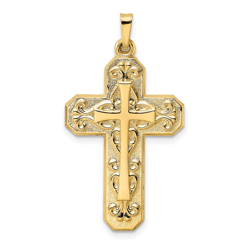 14K Gelbgold 14K Poliert und Strukturiert Hohl Ranke Design Doppelt Kreuz Anhänger