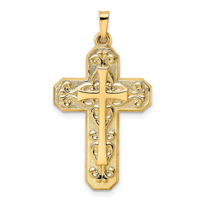 14K Gelbgold 14K Poliert und Strukturiert Hohl Ranke Design Doppelt Kreuz Anhänger