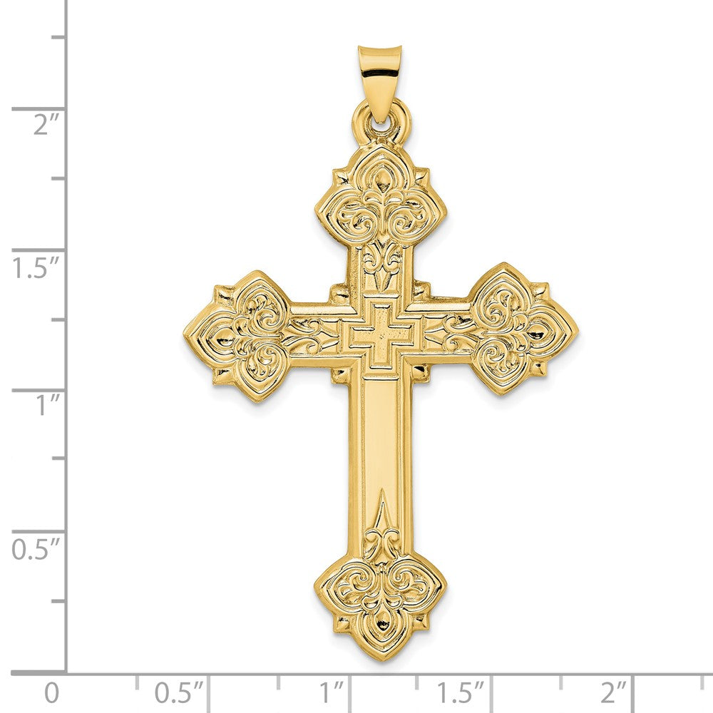 14K Gelbgold 14K Poliert Hohl Fantasie Fleur De Lis Kreuz Anhänger