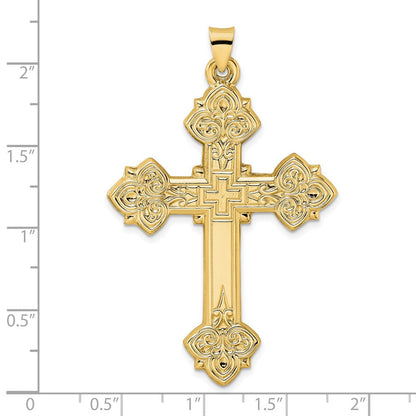 14K Gelbgold 14K Poliert Hohl Fantasie Fleur De Lis Kreuz Anhänger