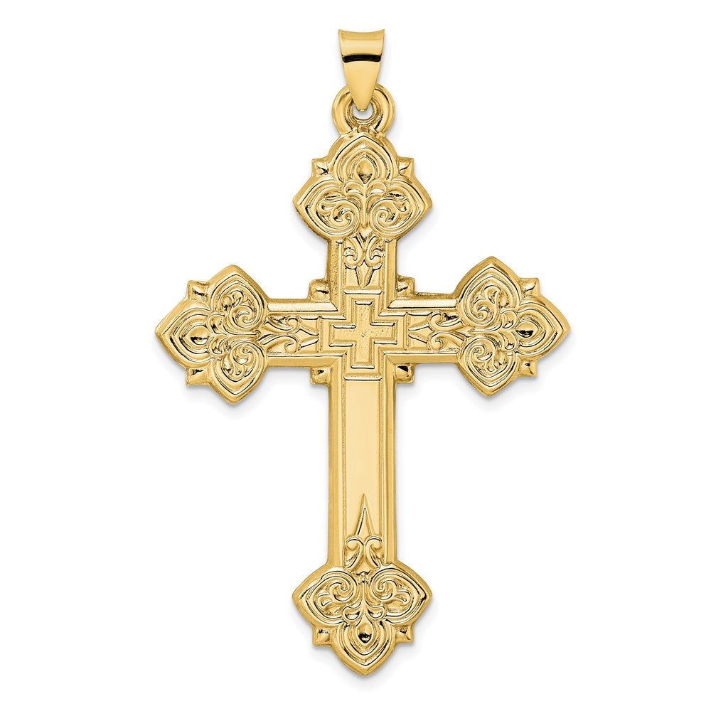14K Gelbgold 14K Poliert Hohl Fantasie Fleur De Lis Kreuz Anhänger