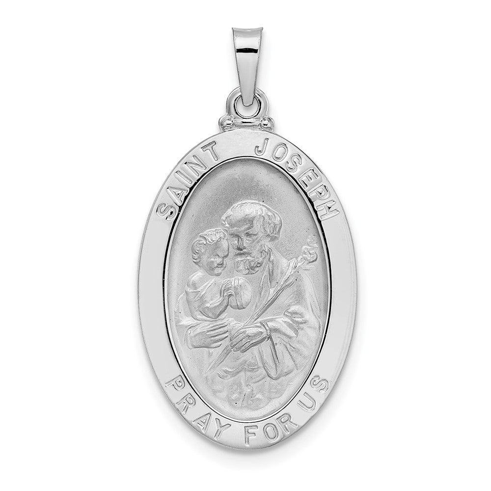 14K Weißgold Polierter Ovaler Sankt-Josef-Anhänger, Massiv