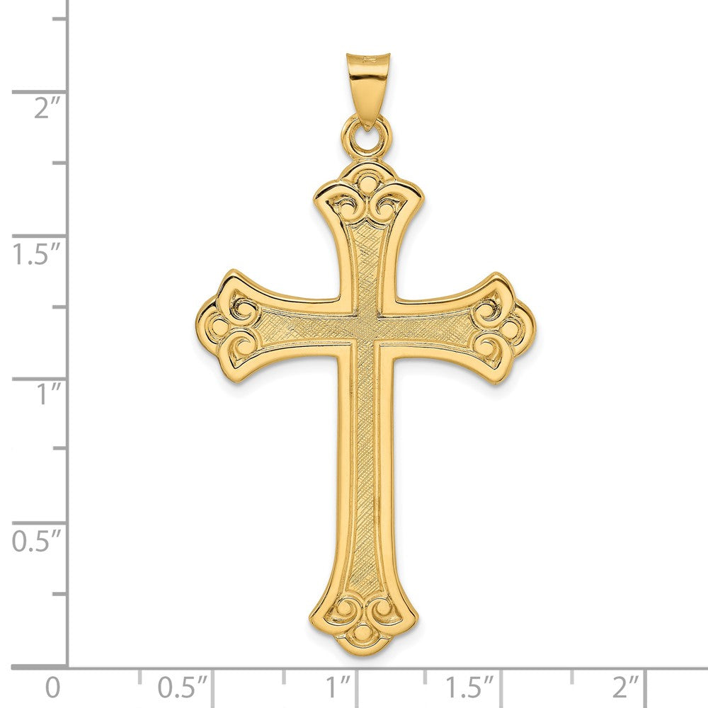 14K Gelbgold Polierter und Strukturierter Massiver Fleur-de-Lis-Kreuz-Anhänger