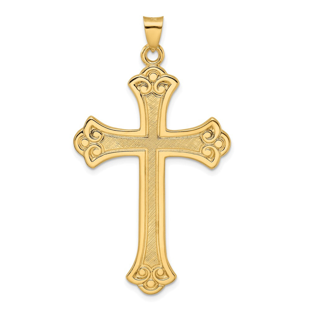 14K Gelbgold Polierter und Strukturierter Massiver Fleur-de-Lis-Kreuz-Anhänger