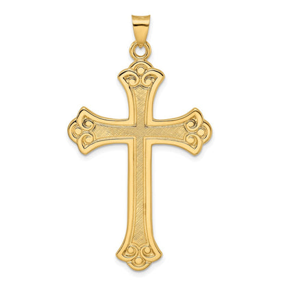 14K Gelbgold Polierter und Strukturierter Massiver Fleur-de-Lis-Kreuz-Anhänger