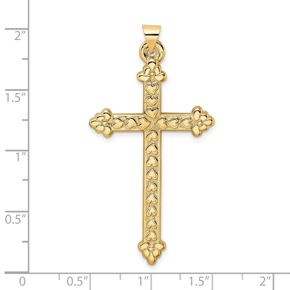 14K Gelbgold 14K Poliert und Strukturiert Hohl Herzen Kreuz Anhänger