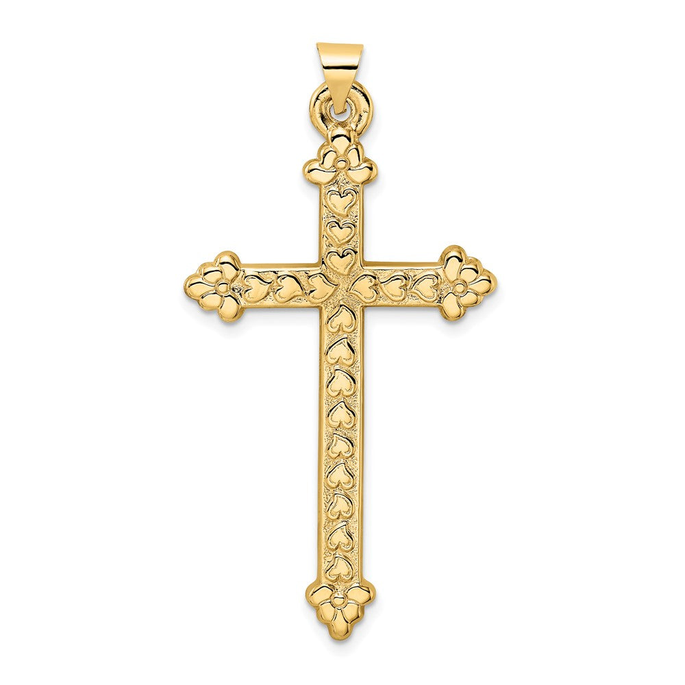 14K Gelbgold 14K Poliert und Strukturiert Hohl Herzen Kreuz Anhänger