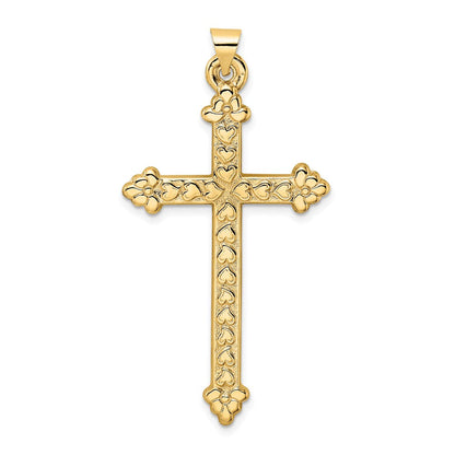 14K Gelbgold 14K Poliert und Strukturiert Hohl Herzen Kreuz Anhänger