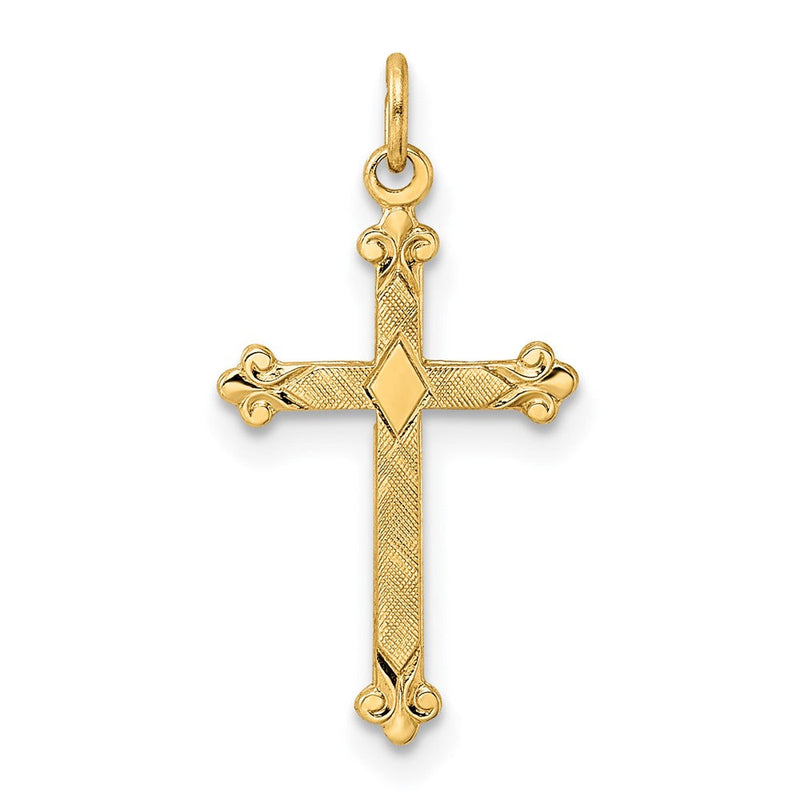 14K Gelbgold 14K Poliert und Strukturiert Massiv Diamant Form Kreuz Anhänger
