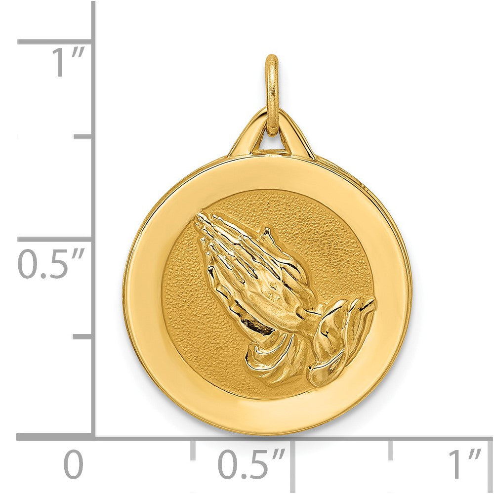 14K Gelbgold polierter und satinierter massiver Betende-Hände-Scheiben-Anhänger