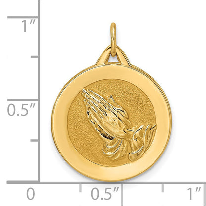 14K Gelbgold polierter und satinierter massiver Betende-Hände-Scheiben-Anhänger