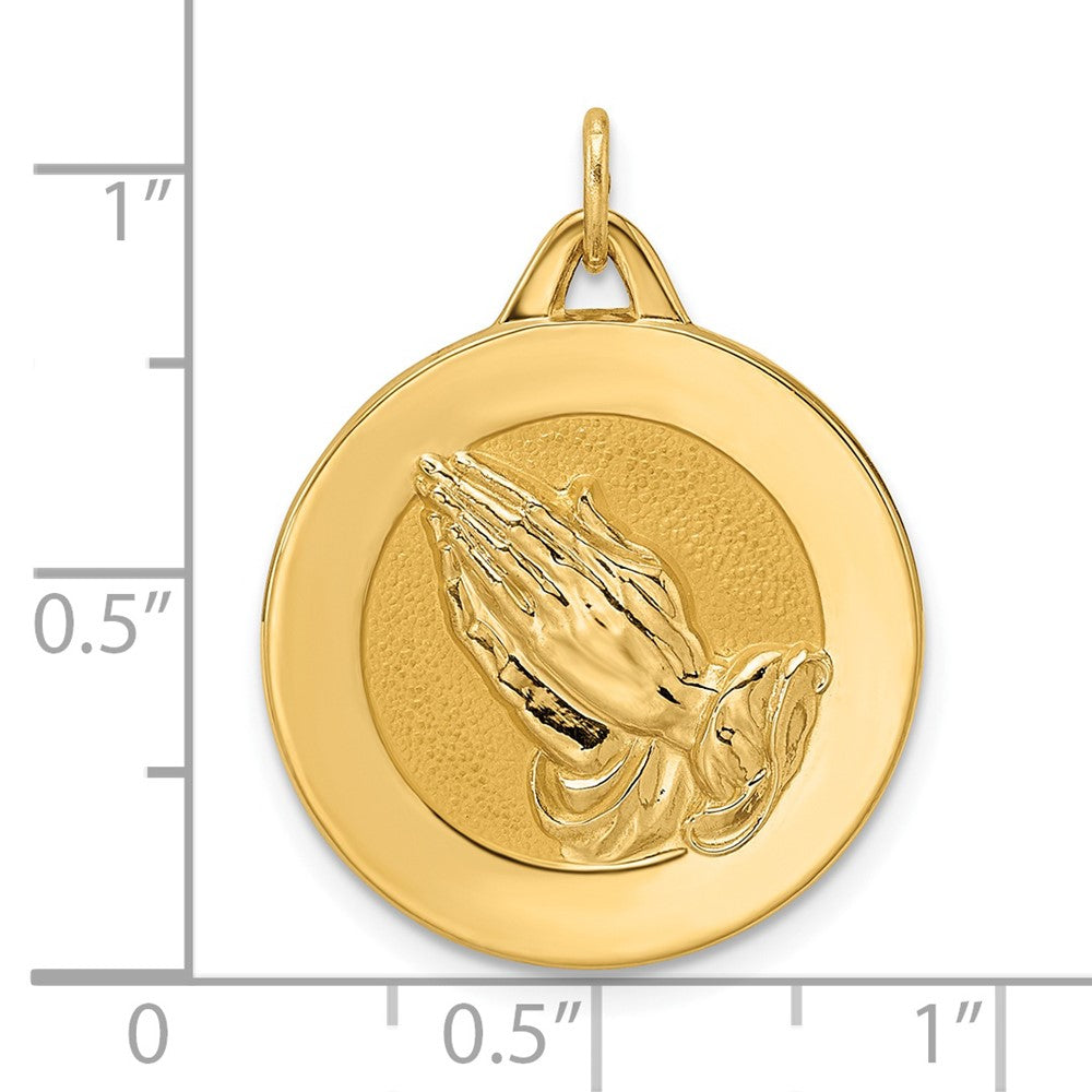 14K Gelbgold polierter und mattierter massiver Betende-Hände-Scheiben-Anhänger