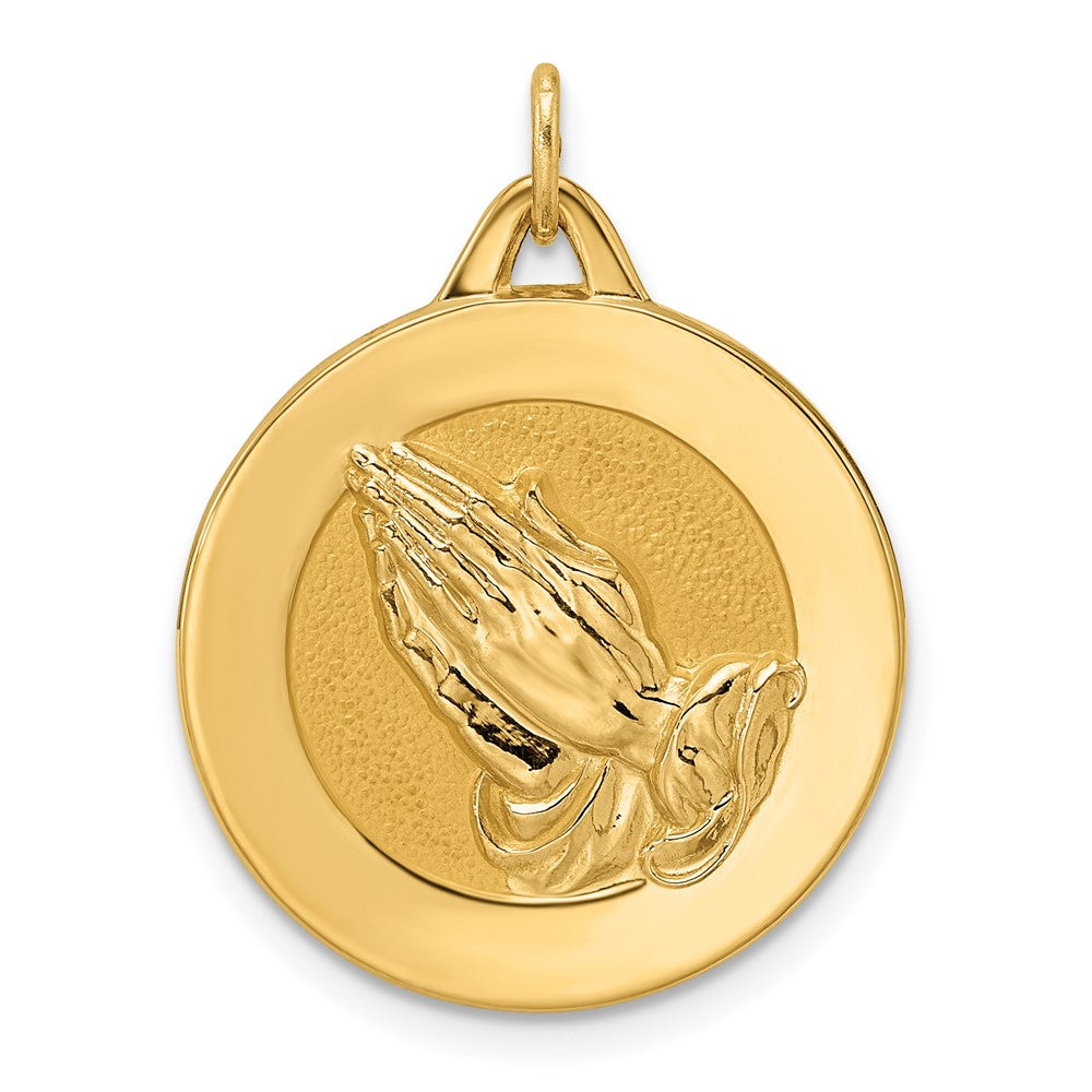 14K Gelbgold polierter und mattierter massiver Betende-Hände-Scheiben-Anhänger