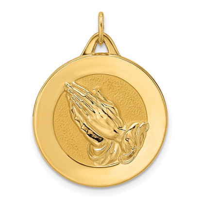 14K Gelbgold polierter und mattierter massiver Betende-Hände-Scheiben-Anhänger