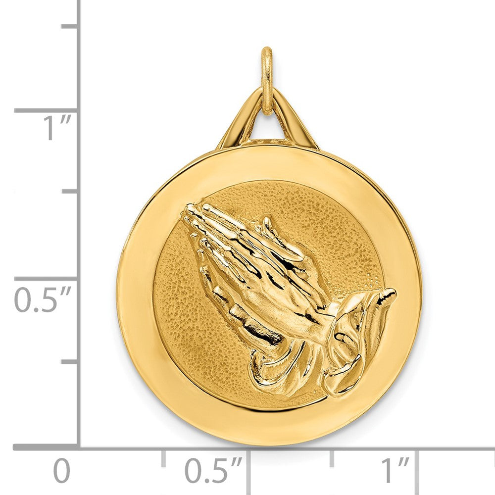 14K Gelbgold Anhänger, poliert und satiniert, massive Scheibe mit betenden Händen