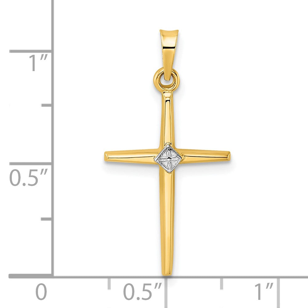 14K Bicolor-Gold Polierter Massiver Kreuzanhänger mit Diamantform-Mitte