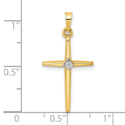 14K Bicolor-Gold Polierter Massiver Kreuzanhänger mit Diamantform-Mitte