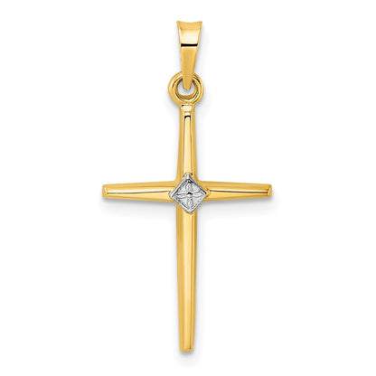 14K Bicolor-Gold Polierter Massiver Kreuzanhänger mit Diamantform-Mitte