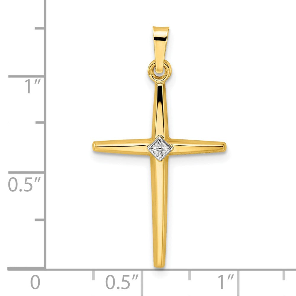 14K Bicolor-Gold polierter massiver Kreuzanhänger mit Diamant-förmigem Mittelteil