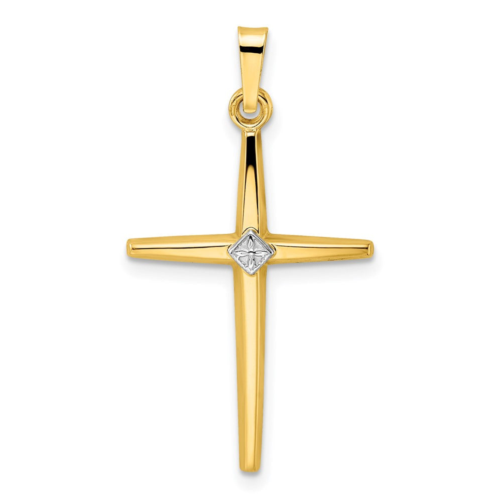 14K Bicolor-Gold polierter massiver Kreuzanhänger mit Diamant-förmigem Mittelteil