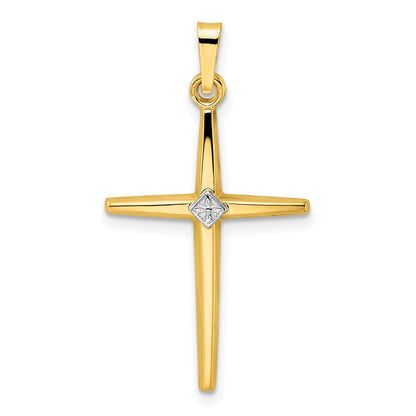 14K Bicolor-Gold polierter massiver Kreuzanhänger mit Diamant-förmigem Mittelteil
