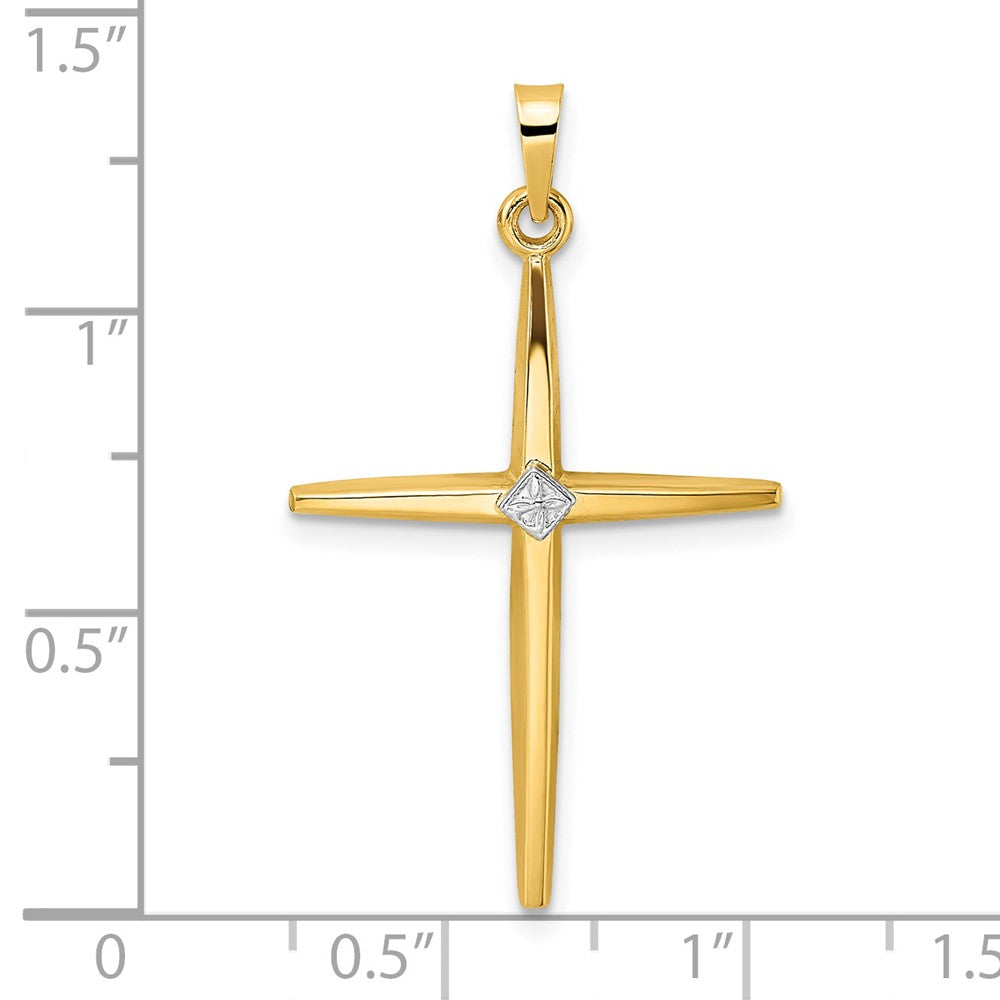 14K Bicolor-Gold polierter massiver Kreuzanhänger mit Diamantform-Zentrum