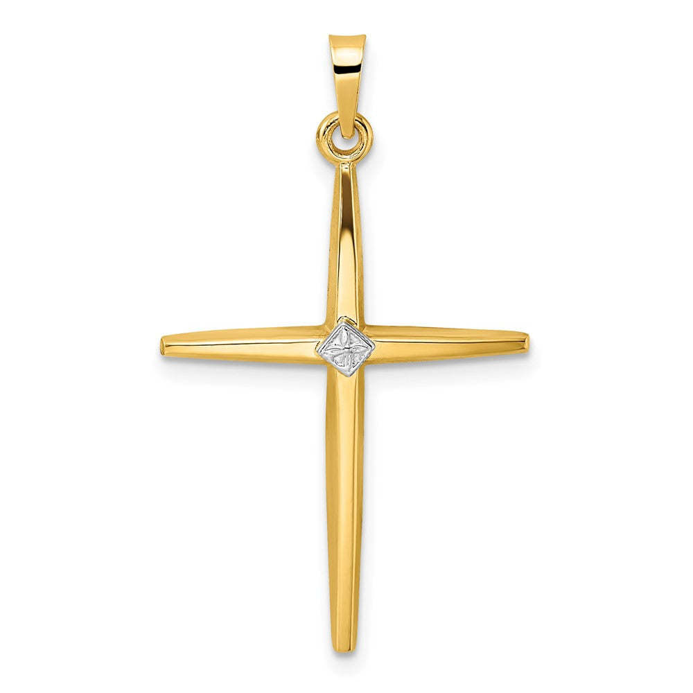 14K Bicolor-Gold polierter massiver Kreuzanhänger mit Diamantform-Zentrum