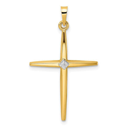 14K Bicolor-Gold polierter massiver Kreuzanhänger mit Diamantform-Zentrum