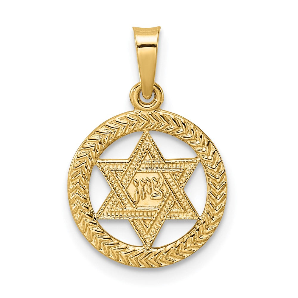 14K Gelbgold Poliert und Strukturiert Massiv Stern Of David in Rahmen Anhänger
