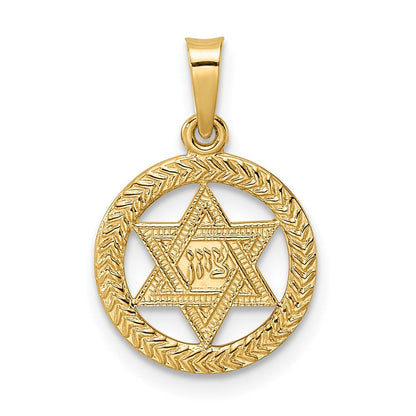 14K Gelbgold Poliert und Strukturiert Massiv Stern Of David in Rahmen Anhänger