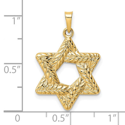 14 Karat Gelbgold Polierter und Strukturierter Massiver Davidstern-Anhänger