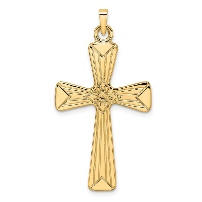 14K Gelbgold Polierter Kreuzanhänger mit Blume in der Mitte, massiv
