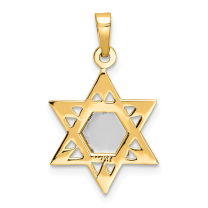 14K Bicolor Gold polierter massiver Stern- und Tora-Anhänger