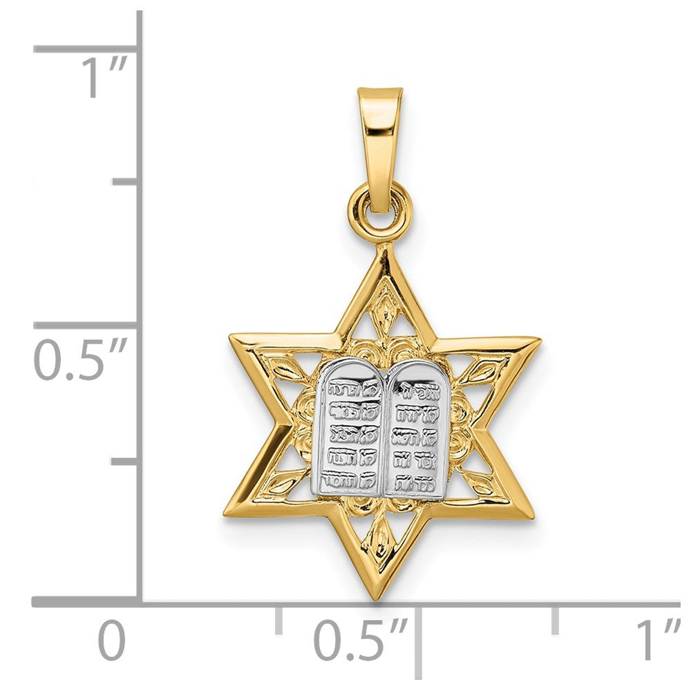 14K Bicolor Gold polierter massiver Stern- und Tora-Anhänger