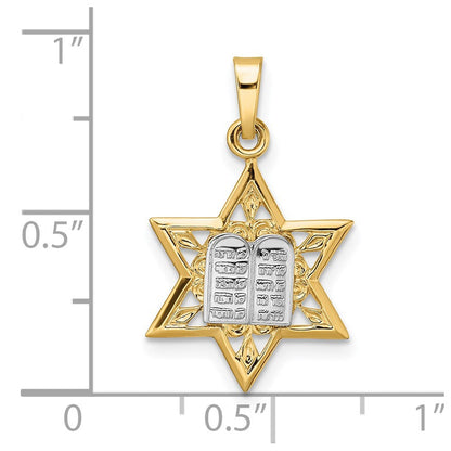 14K Bicolor Gold polierter massiver Stern- und Tora-Anhänger