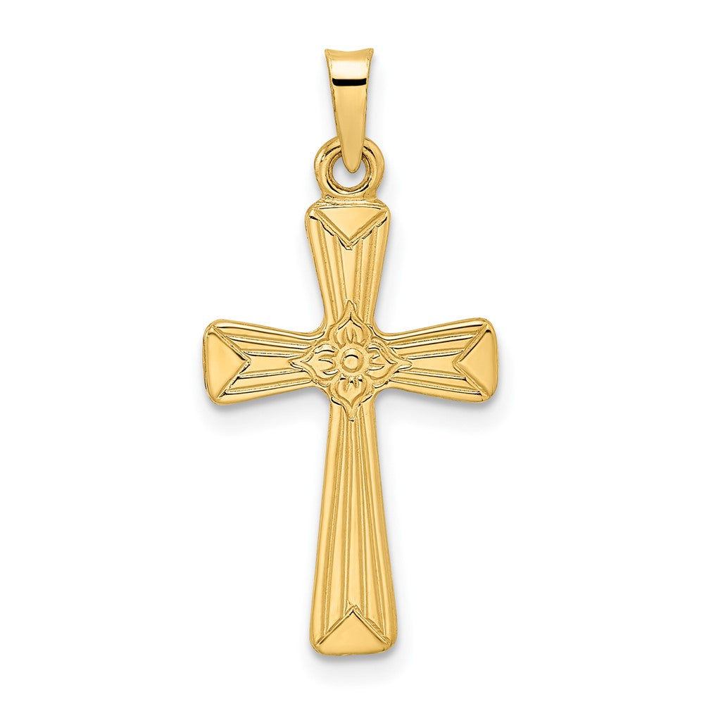14K Gelbgold Polierter Massiver Kreuzanhänger mit Blumenmuster in der Mitte