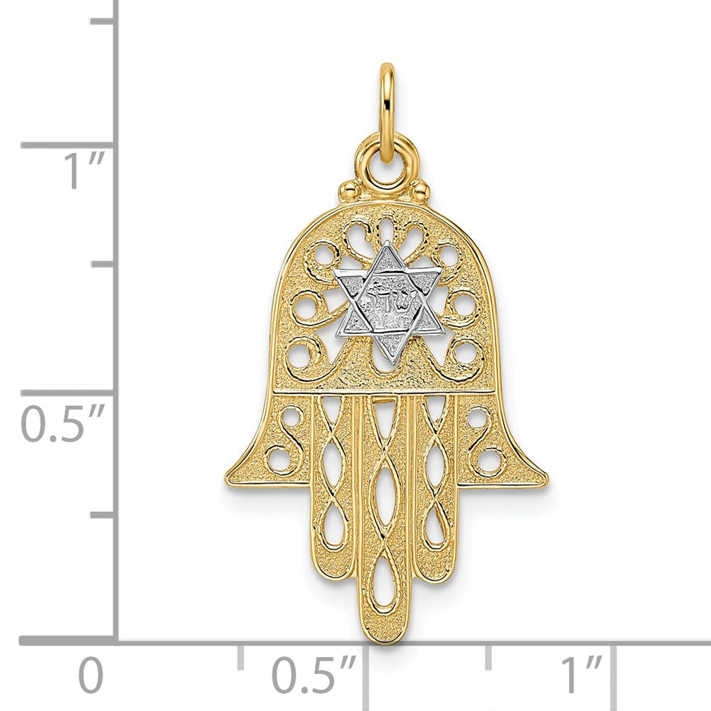 14K Bicolor Gold Polierter Filigraner Massiver Hamsa- und Stern-Anhänger
