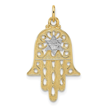 14K Bicolor Gold Polierter Filigraner Massiver Hamsa- und Stern-Anhänger