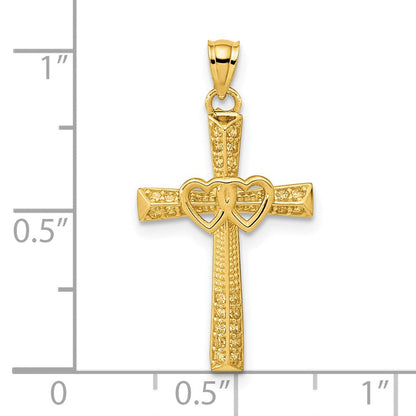 14K Gelbgold 14K Kreuz mit Doppelt Herzen Zirkonia Anhänger